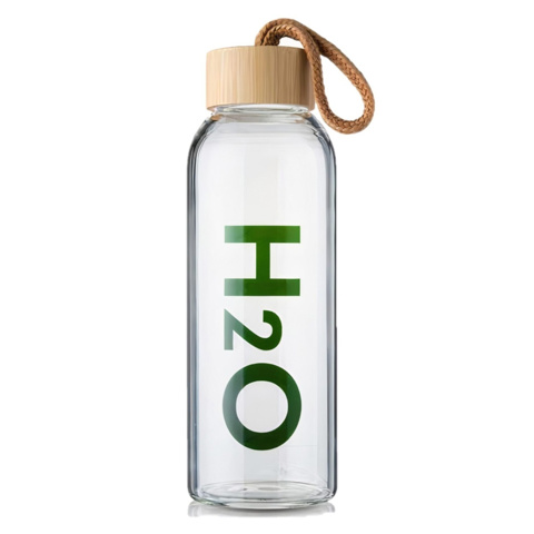 H2O 0.6L Bambu Kapaklı Borosilikat Cam Matara - Sağlıklı Su Şişesi için detaylar